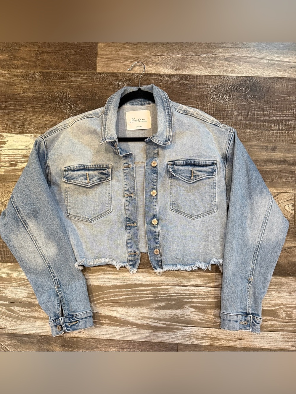 KanCan Light Blue Cropped Raw Hem Denim Jacket